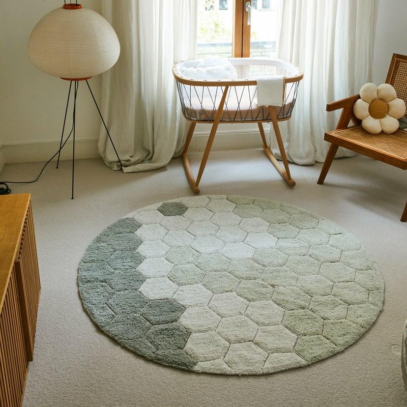 Honeycomb Blue Sage Ø 140 Cm – Tapis Lavable En Coton  | Tapis Mobilier Tapis