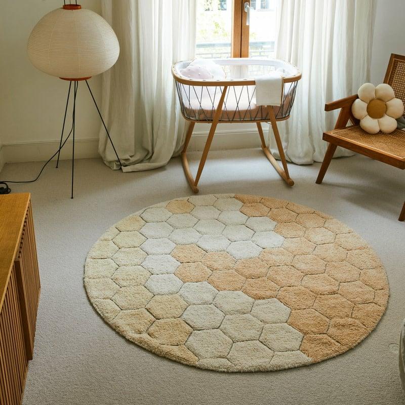 Honeycomb Golden Ø 140 Cm – Tapis Lavable En Coton  | Tapis Mobilier Tapis